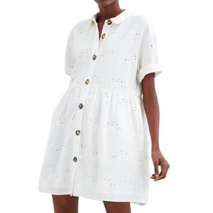 ZARA WHITE EYELET BUTTON UP COLLAR FLOWER DRESS L